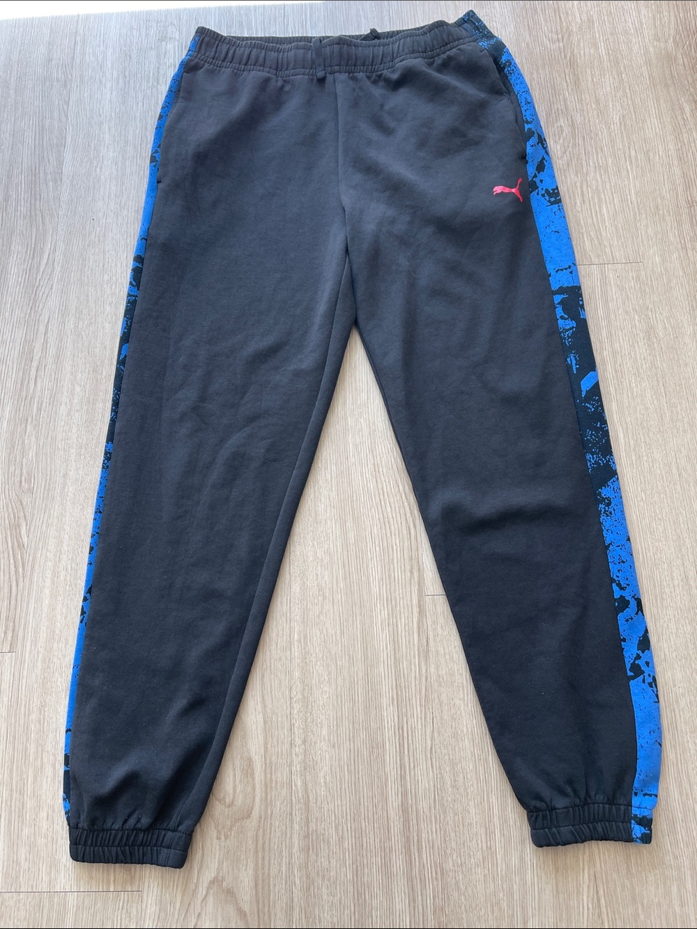 Puma Black Jogger Pants with Blue Side Panels and red Logo